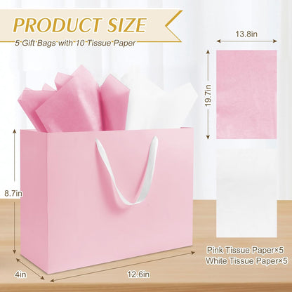 5 Pack Large Pink Gift Bags with Handles & 10 Tissue Papers