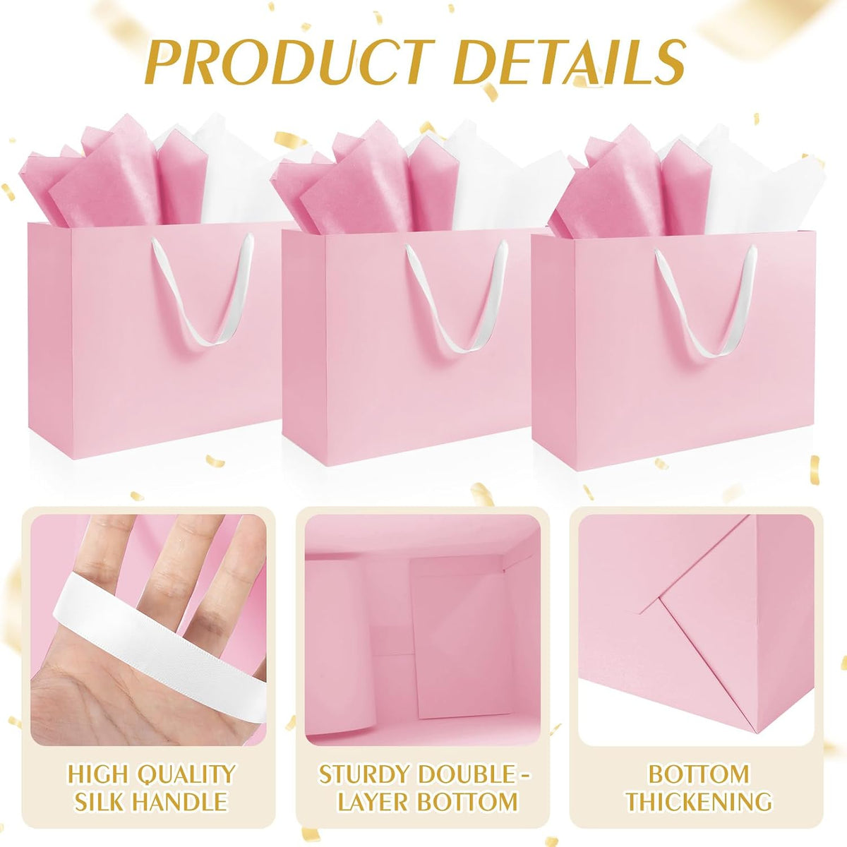 5 Pack Large Pink Gift Bags with Handles & 10 Tissue Papers
