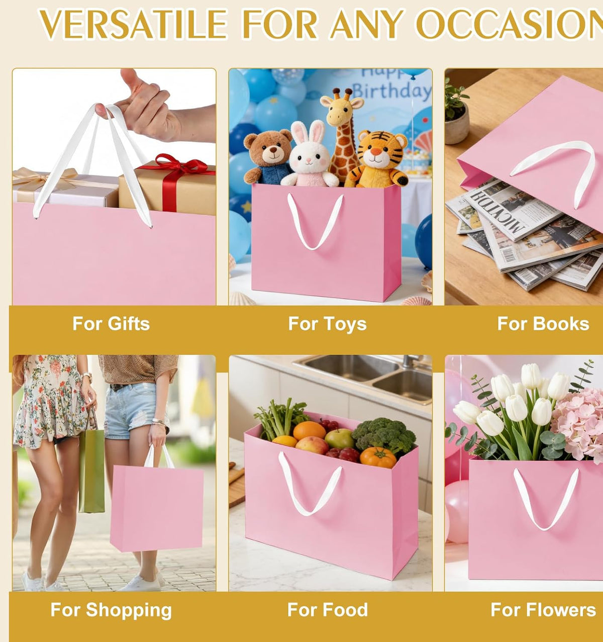 5 Pack Large Pink Gift Bags with Handles & 10 Tissue Papers