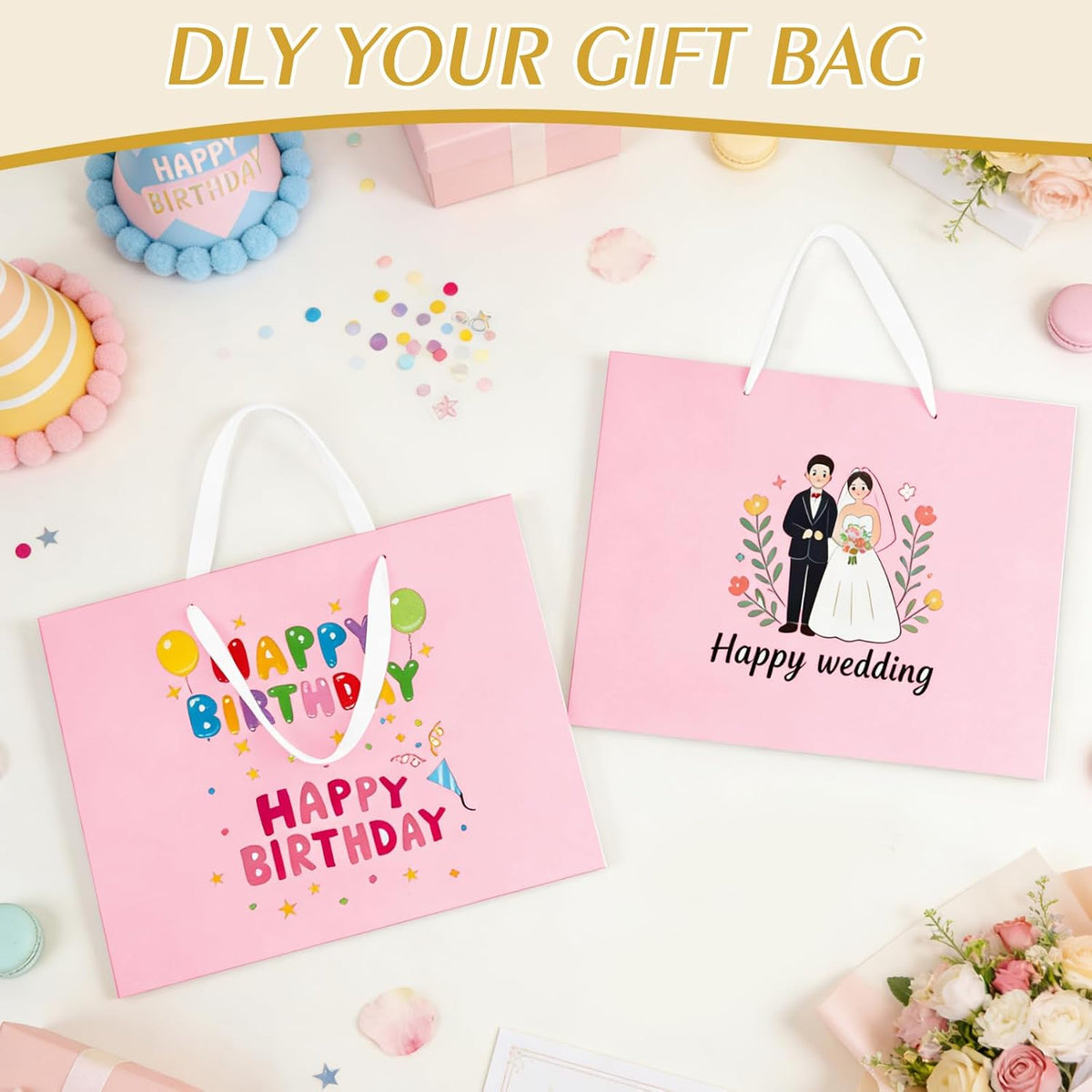 5 Pack Large Pink Gift Bags with Handles & 10 Tissue Papers