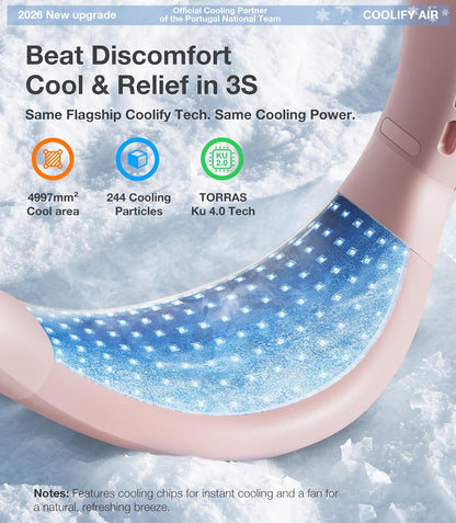 COOLiFY Air 2026 Upgraded Neck Fan Air Conditioner, Ultra-Light Portable Fan Rechargeable, Personal Cooling Neck with 3 Modes Fan/Cooler/Heat for Travel, Camping, Outdoor Gift for Women, Pink