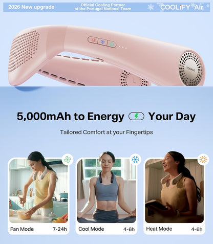 COOLiFY Air 2026 Upgraded Neck Fan Air Conditioner, Ultra-Light Portable Fan Rechargeable, Personal Cooling Neck with 3 Modes Fan/Cooler/Heat for Travel, Camping, Outdoor Gift for Women, Pink