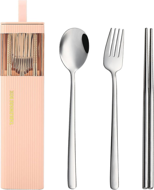 Travel Utensils with Case, 4Pcs Korean Chopsticks Fork and Spoon Set