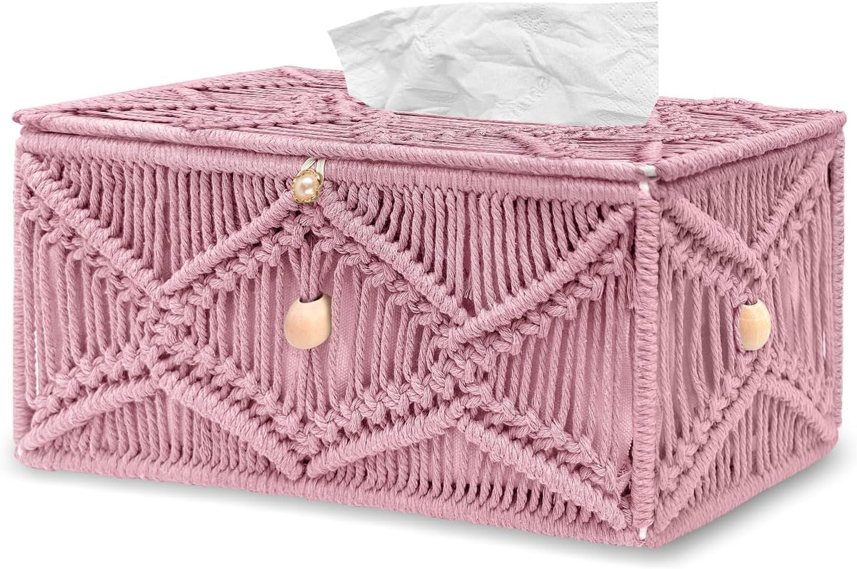 Handmade Tissue Box Cover Rectangle Decorative Macrame Boho Tissue Holder Cotton Rope Woven Napkin Facial Paper Organizer Bohemian Desk Storage Container with Buckle Wood Beads (Pink)