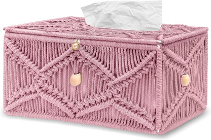 Handmade Tissue Box Cover Rectangle Decorative Macrame Boho Tissue Holder Cotton Rope Woven Napkin Facial Paper Organizer Bohemian Desk Storage Container with Buckle Wood Beads (Pink)