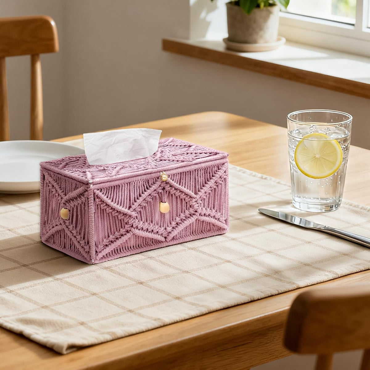 Handmade Tissue Box Cover Rectangle Decorative Macrame Boho Tissue Holder Cotton Rope Woven Napkin Facial Paper Organizer Bohemian Desk Storage Container with Buckle Wood Beads (Pink)