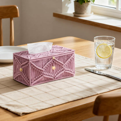 Handmade Tissue Box Cover Rectangle Decorative Macrame Boho Tissue Holder Cotton Rope Woven Napkin Facial Paper Organizer Bohemian Desk Storage Container with Buckle Wood Beads (Pink)