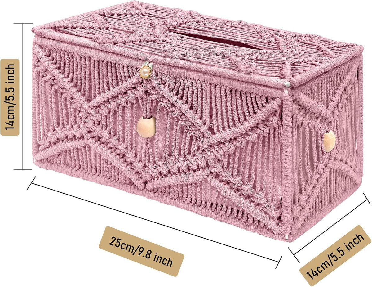 Handmade Tissue Box Cover Rectangle Decorative Macrame Boho Tissue Holder Cotton Rope Woven Napkin Facial Paper Organizer Bohemian Desk Storage Container with Buckle Wood Beads (Pink)