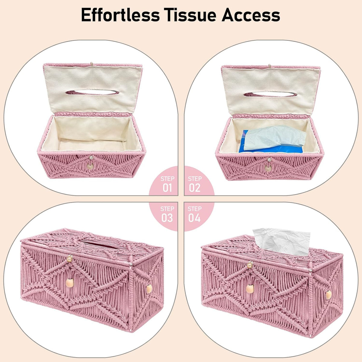 Handmade Tissue Box Cover Rectangle Decorative Macrame Boho Tissue Holder Cotton Rope Woven Napkin Facial Paper Organizer Bohemian Desk Storage Container with Buckle Wood Beads (Pink)