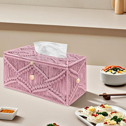 Handmade Tissue Box Cover Rectangle Decorative Macrame Boho Tissue Holder Cotton Rope Woven Napkin Facial Paper Organizer Bohemian Desk Storage Container with Buckle Wood Beads (Pink)