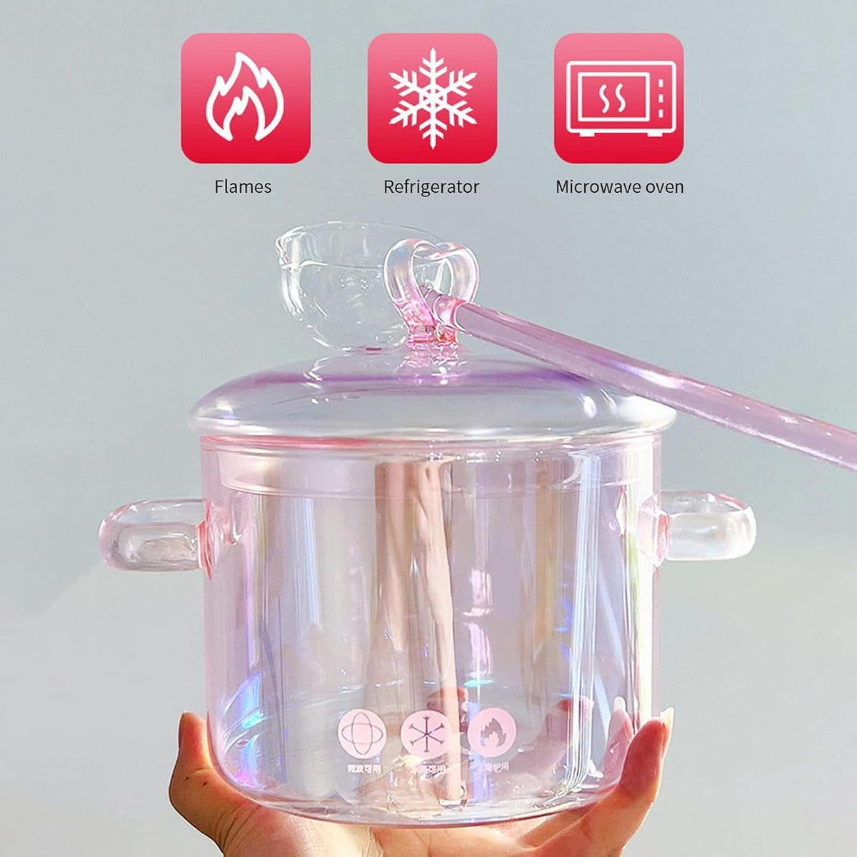 Heat Resistant Glass Pot, Clear Glassware Glass Pot, Glass Saucepan with Lid for Cooking Milk Pasta Soup, 1.9L, Borosilicate Glass, Translucent Pink