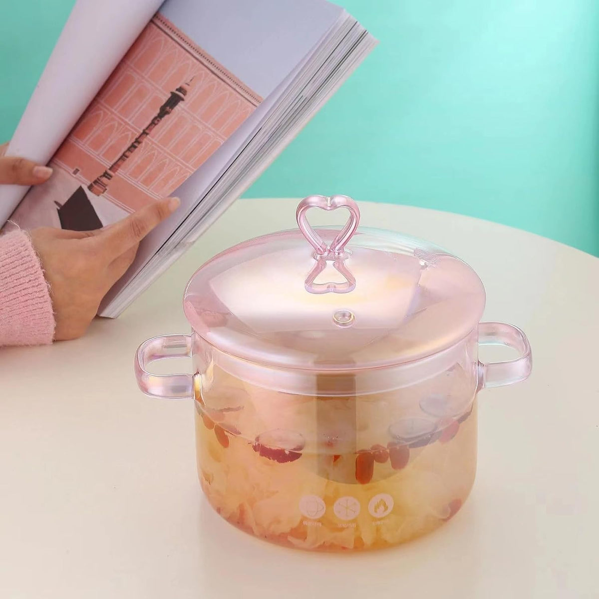 Heat Resistant Glass Pot, Clear Glassware Glass Pot, Glass Saucepan with Lid for Cooking Milk Pasta Soup, 1.9L, Borosilicate Glass, Translucent Pink