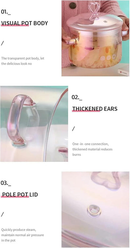 Heat Resistant Glass Pot, Clear Glassware Glass Pot, Glass Saucepan with Lid for Cooking Milk Pasta Soup, 1.9L, Borosilicate Glass, Translucent Pink