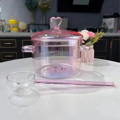 Heat Resistant Glass Pot, Clear Glassware Glass Pot, Glass Saucepan with Lid for Cooking Milk Pasta Soup, 1.9L, Borosilicate Glass, Translucent Pink