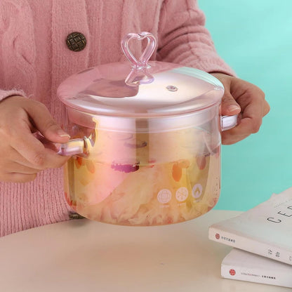 Heat Resistant Glass Pot, Clear Glassware Glass Pot, Glass Saucepan with Lid for Cooking Milk Pasta Soup, 1.9L, Borosilicate Glass, Translucent Pink