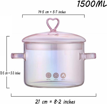 Heat Resistant Glass Pot, Clear Glassware Glass Pot, Glass Saucepan with Lid for Cooking Milk Pasta Soup, 1.9L, Borosilicate Glass, Translucent Pink