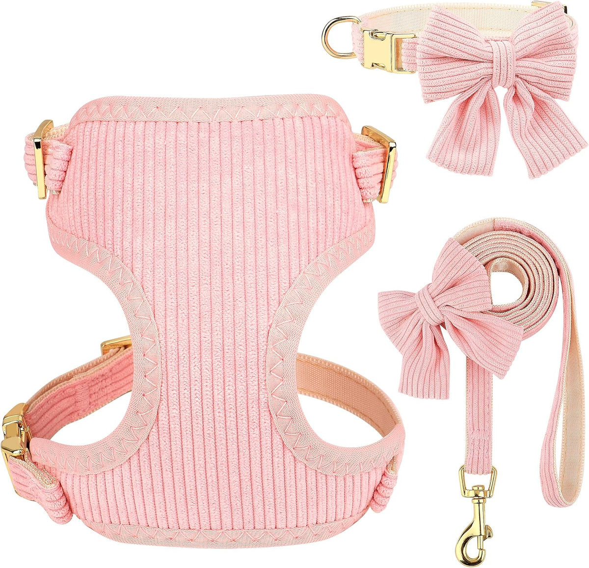 Cute Small Dog Harness Collar and Leash Set with Bowtie, Pink, S