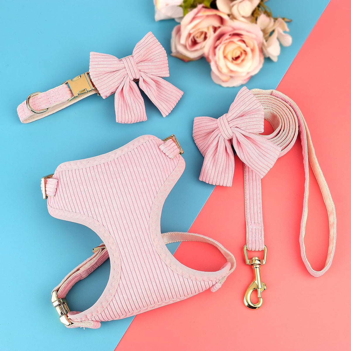 Cute Small Dog Harness Collar and Leash Set with Bowtie, Pink, S