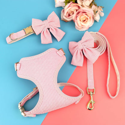 Cute Small Dog Harness Collar and Leash Set with Bowtie, Pink, S
