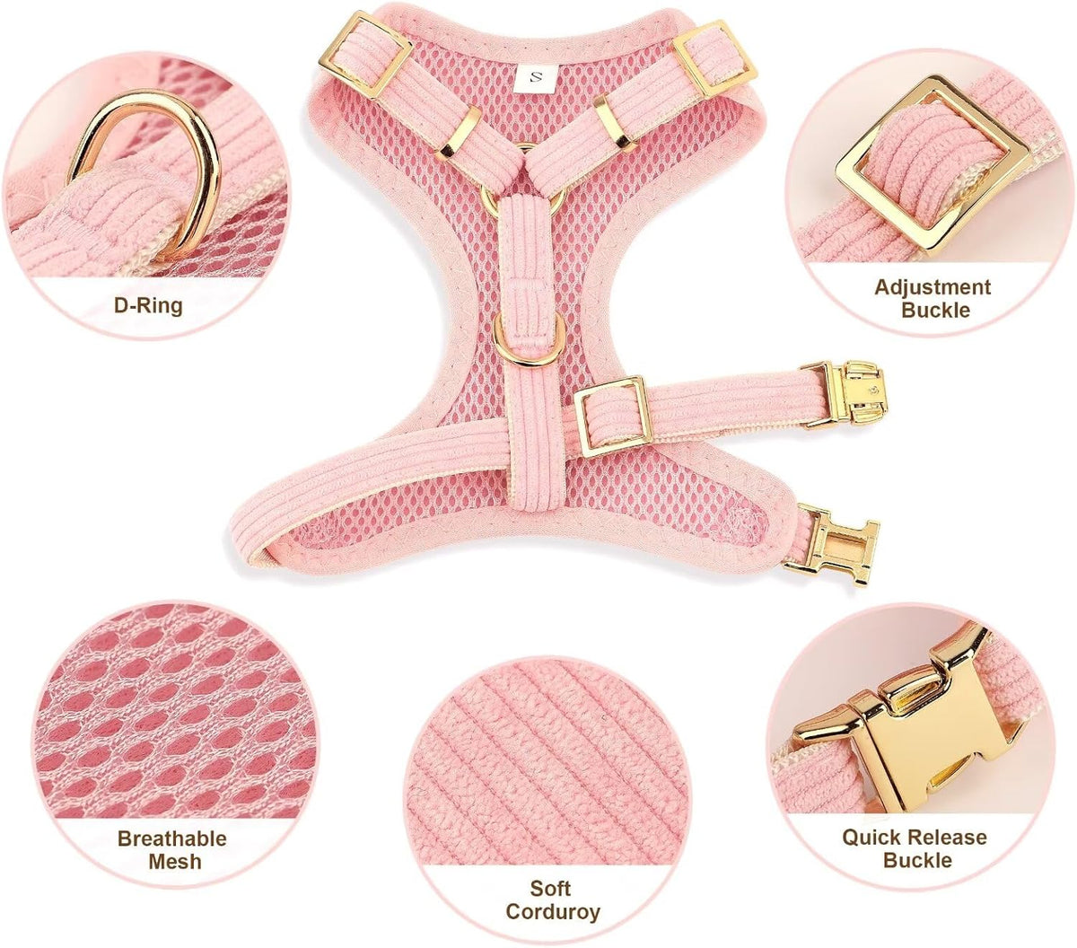 Cute Small Dog Harness Collar and Leash Set with Bowtie, Pink, S