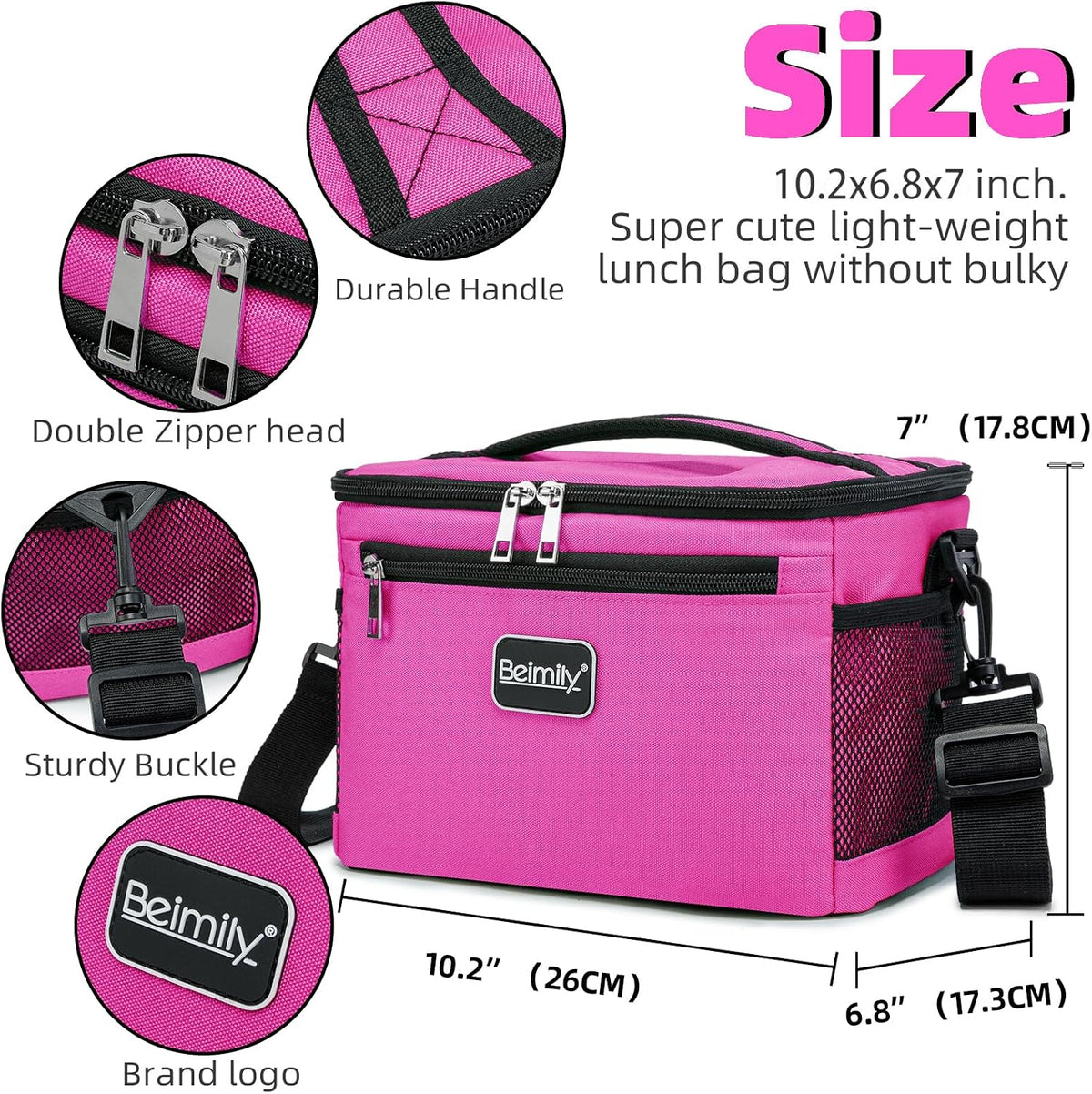 BEIMILY Lunch Box for Men/Women,Small Insulated Lunch Bag,Reusable LunchBox for work Picnic Beach,Leakproof Soft Cooler Tote Bag Organizer with Adjustable Shoulder Strap for Adults(Dark pink)