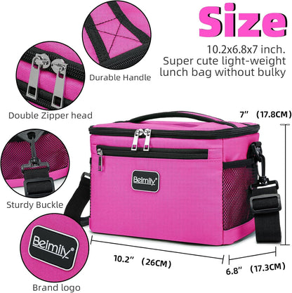 BEIMILY Lunch Box for Men/Women,Small Insulated Lunch Bag,Reusable LunchBox for work Picnic Beach,Leakproof Soft Cooler Tote Bag Organizer with Adjustable Shoulder Strap for Adults(Dark pink)