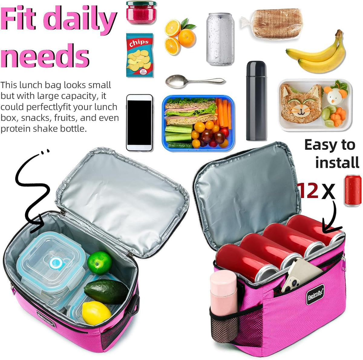 BEIMILY Lunch Box for Men/Women,Small Insulated Lunch Bag,Reusable LunchBox for work Picnic Beach,Leakproof Soft Cooler Tote Bag Organizer with Adjustable Shoulder Strap for Adults(Dark pink)