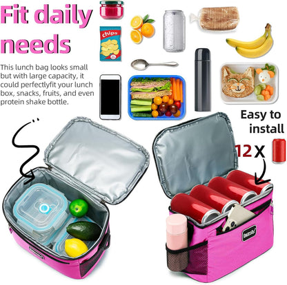 BEIMILY Lunch Box for Men/Women,Small Insulated Lunch Bag,Reusable LunchBox for work Picnic Beach,Leakproof Soft Cooler Tote Bag Organizer with Adjustable Shoulder Strap for Adults(Dark pink)