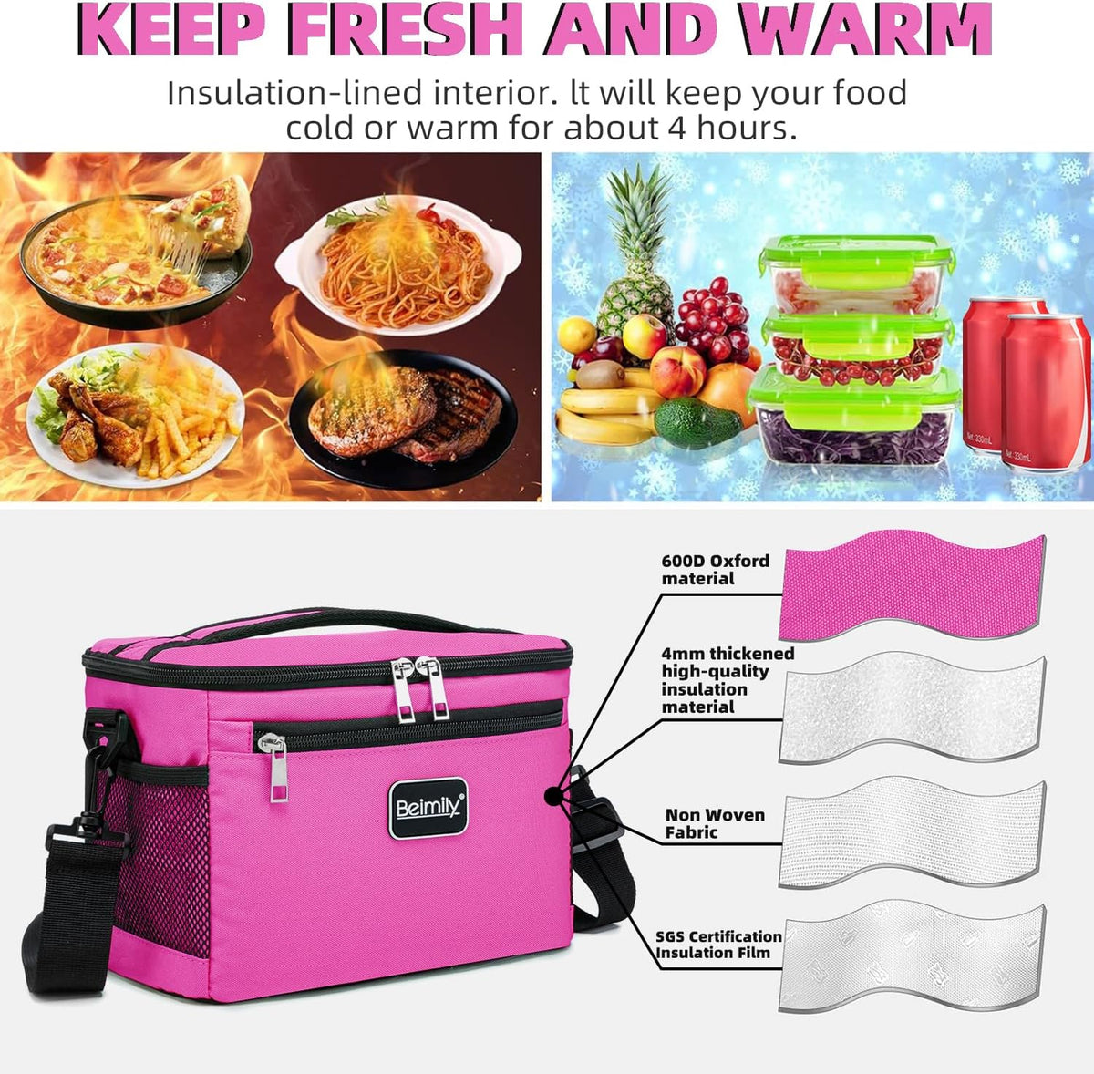 BEIMILY Lunch Box for Men/Women,Small Insulated Lunch Bag,Reusable LunchBox for work Picnic Beach,Leakproof Soft Cooler Tote Bag Organizer with Adjustable Shoulder Strap for Adults(Dark pink)