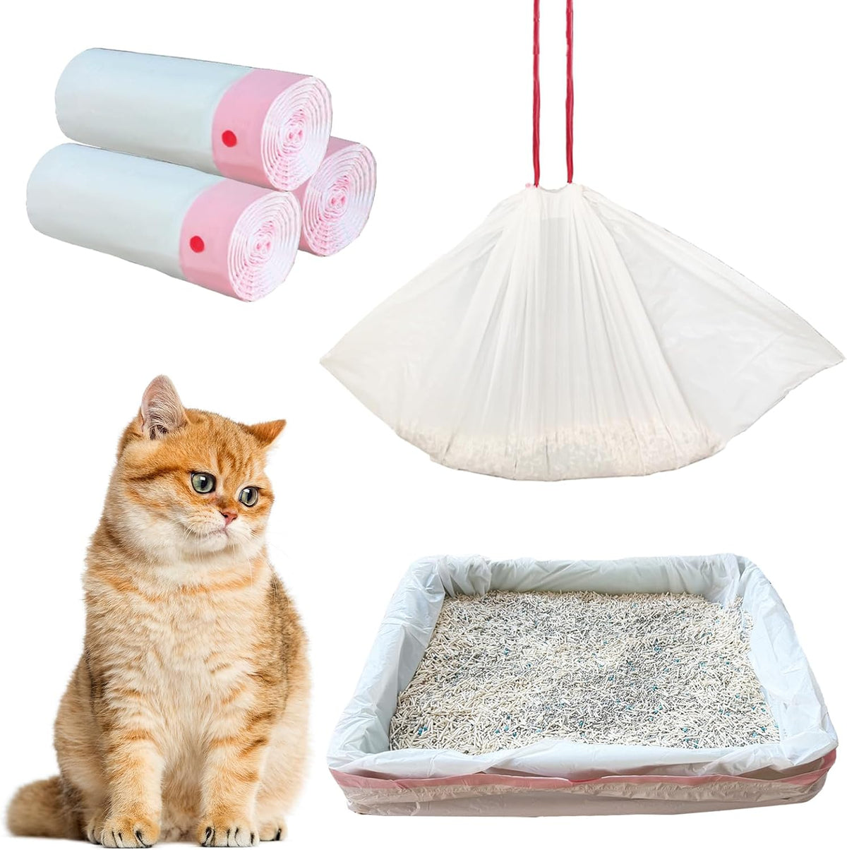 30 Count 37" x 18" Cat Litter Box Liners Large Drawstring Cat Litter Bags Pink Pan Liners for Pet Litter Tray