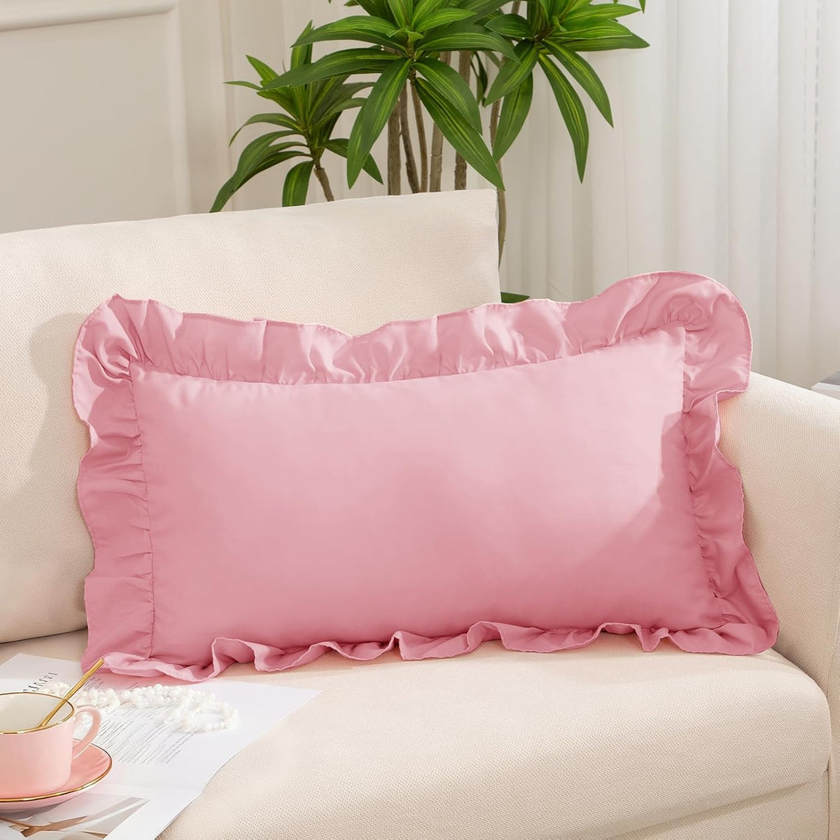 Pink Ruffle Lumbar Pillow Cover, 12x20 Inch