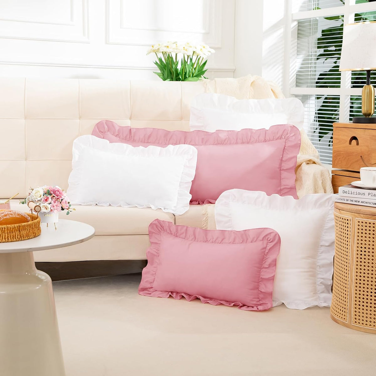 Pink Ruffle Lumbar Pillow Cover, 12x20 Inch