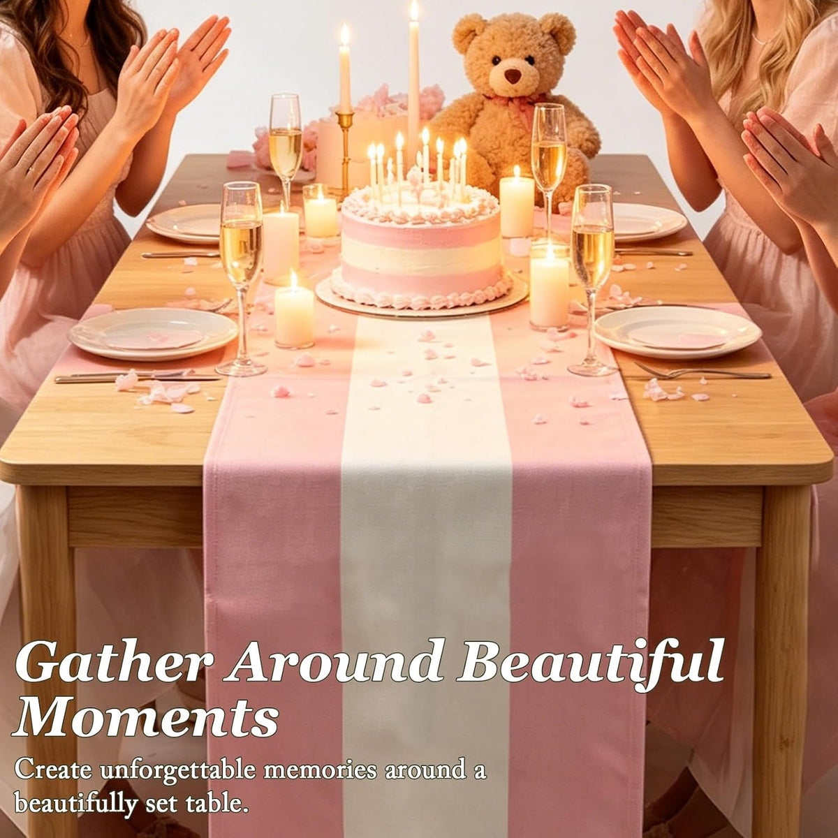 4PCS Pink and White Striped Tablecloth Table Runner, Picnic Decorations