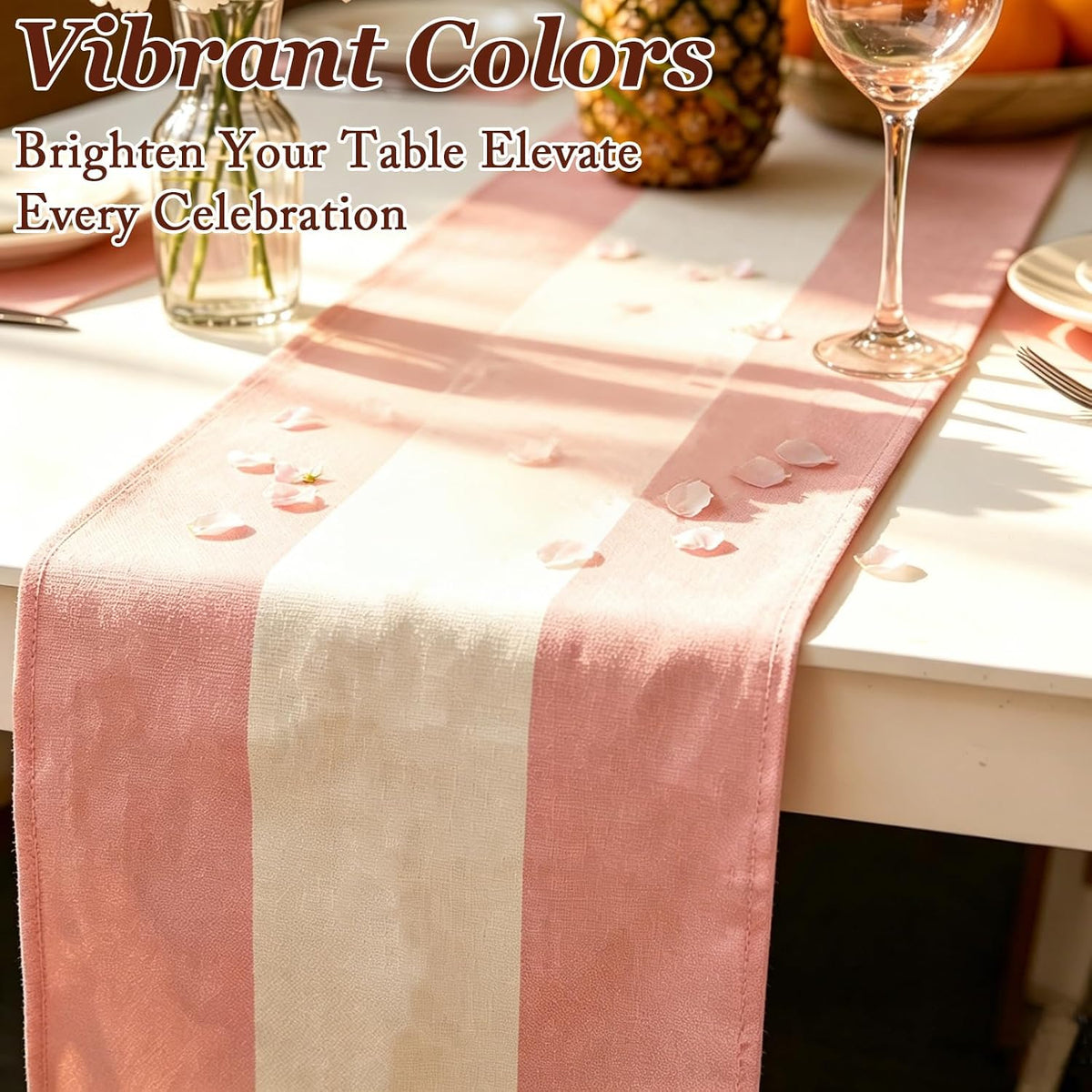 4PCS Pink and White Striped Tablecloth Table Runner, Picnic Decorations