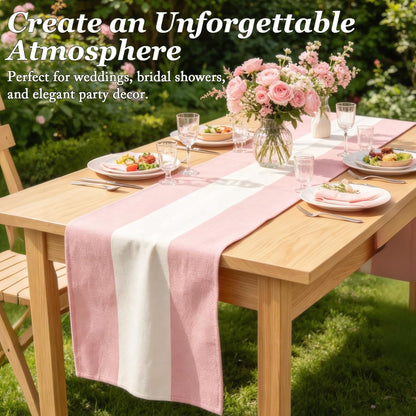 4PCS Pink and White Striped Tablecloth Table Runner, Picnic Decorations