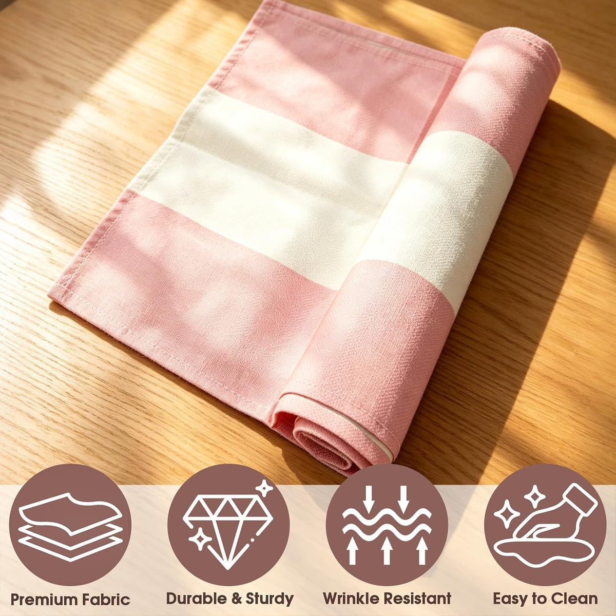 4PCS Pink and White Striped Tablecloth Table Runner, Picnic Decorations