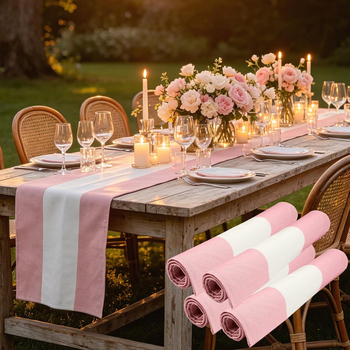 4PCS Pink and White Striped Tablecloth Table Runner, Picnic Decorations