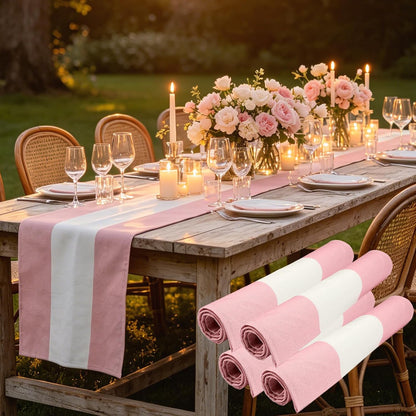 4PCS Pink and White Striped Tablecloth Table Runner, Picnic Decorations
