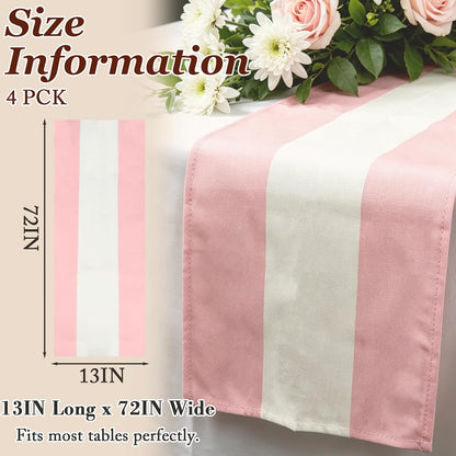 4PCS Pink and White Striped Tablecloth Table Runner, Picnic Decorations