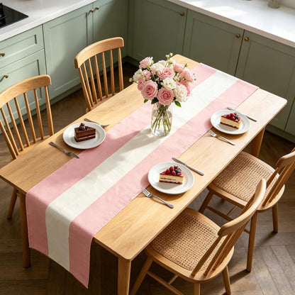 4PCS Pink and White Striped Tablecloth Table Runner, Picnic Decorations