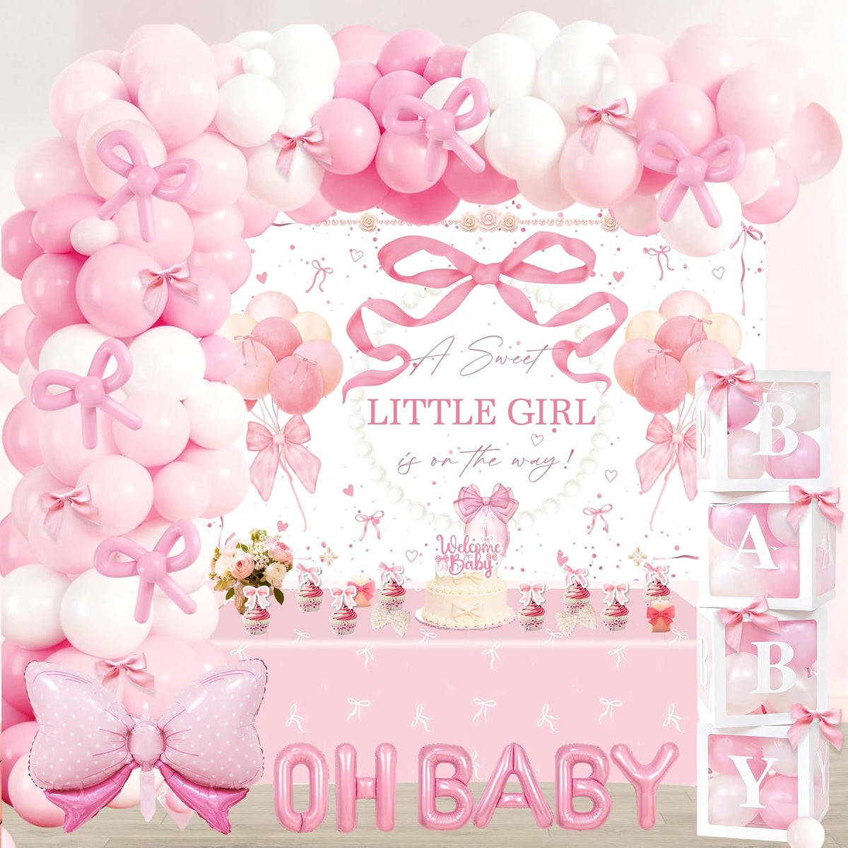 143Pcs Pink Bow Baby Shower Decorations for Girl, Coquette Party Supplies with 5x3ft Backdrop, 4 Baby Boxes with Letters, Balloon Garland Arch Kit, Tablecloth & Cake Toppers for It's a Girl Reveal