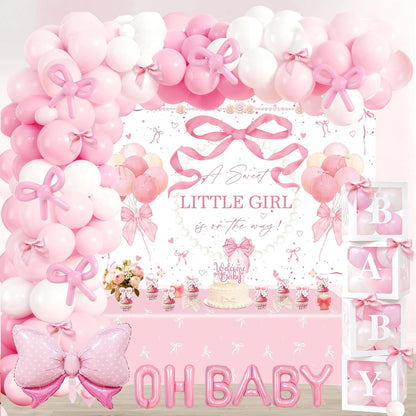 143Pcs Pink Bow Baby Shower Decorations for Girl, Coquette Party Supplies with 5x3ft Backdrop, 4 Baby Boxes with Letters, Balloon Garland Arch Kit, Tablecloth & Cake Toppers for It's a Girl Reveal