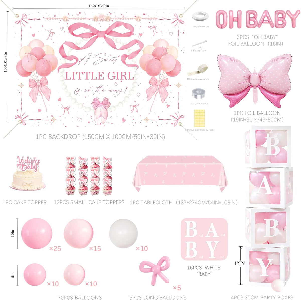 143Pcs Pink Bow Baby Shower Decorations for Girl, Coquette Party Supplies with 5x3ft Backdrop, 4 Baby Boxes with Letters, Balloon Garland Arch Kit, Tablecloth & Cake Toppers for It's a Girl Reveal