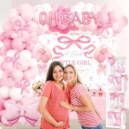143Pcs Pink Bow Baby Shower Decorations for Girl, Coquette Party Supplies with 5x3ft Backdrop, 4 Baby Boxes with Letters, Balloon Garland Arch Kit, Tablecloth & Cake Toppers for It's a Girl Reveal