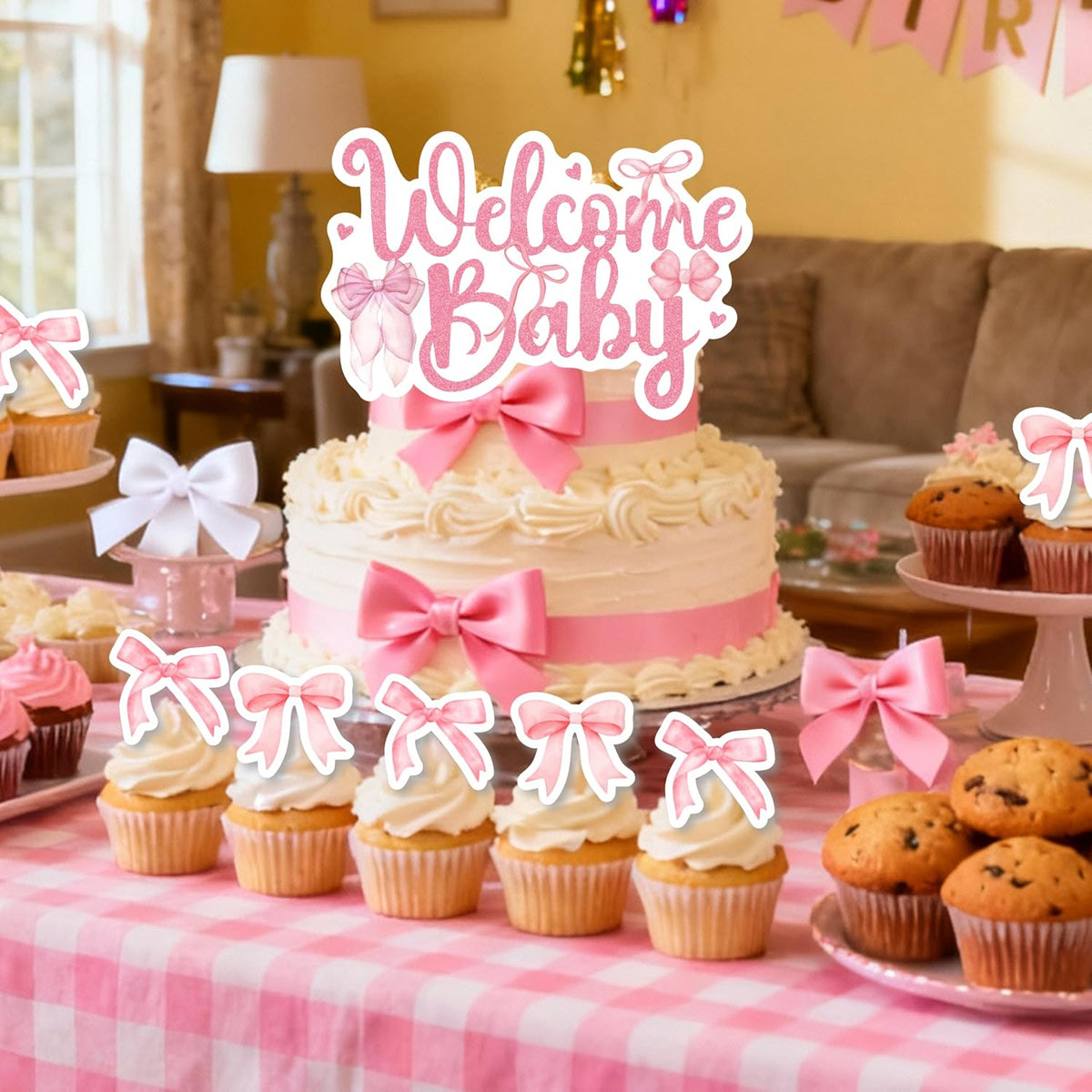 143Pcs Pink Bow Baby Shower Decorations for Girl, Coquette Party Supplies with 5x3ft Backdrop, 4 Baby Boxes with Letters, Balloon Garland Arch Kit, Tablecloth & Cake Toppers for It's a Girl Reveal