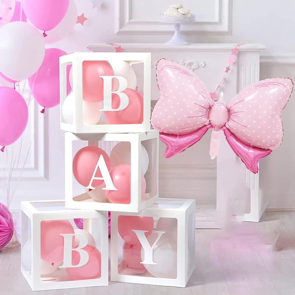 143Pcs Pink Bow Baby Shower Decorations for Girl, Coquette Party Supplies with 5x3ft Backdrop, 4 Baby Boxes with Letters, Balloon Garland Arch Kit, Tablecloth & Cake Toppers for It's a Girl Reveal