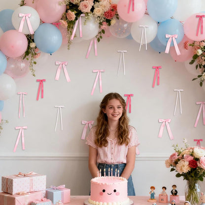 40Pcs Pink Bow Wall Decor DIY Ribbon Bow Photo Backdrop Pink Bow Birthday Decorations for Women Girls Room Decor Coquette Party Bachelorette Baby Shower Wedding