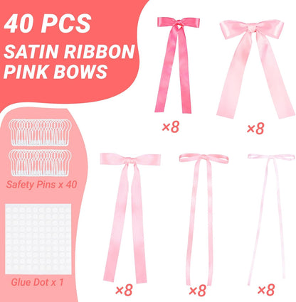 40Pcs Pink Bow Wall Decor DIY Ribbon Bow Photo Backdrop Pink Bow Birthday Decorations for Women Girls Room Decor Coquette Party Bachelorette Baby Shower Wedding