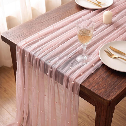 Pearl Table Runner Tulle 30x120 Inch 10FT Long, Pink Gauze Table Runners, Rustic Boho for Wedding Arch Birthday Party Bridal Veil Baby Shower Decorations