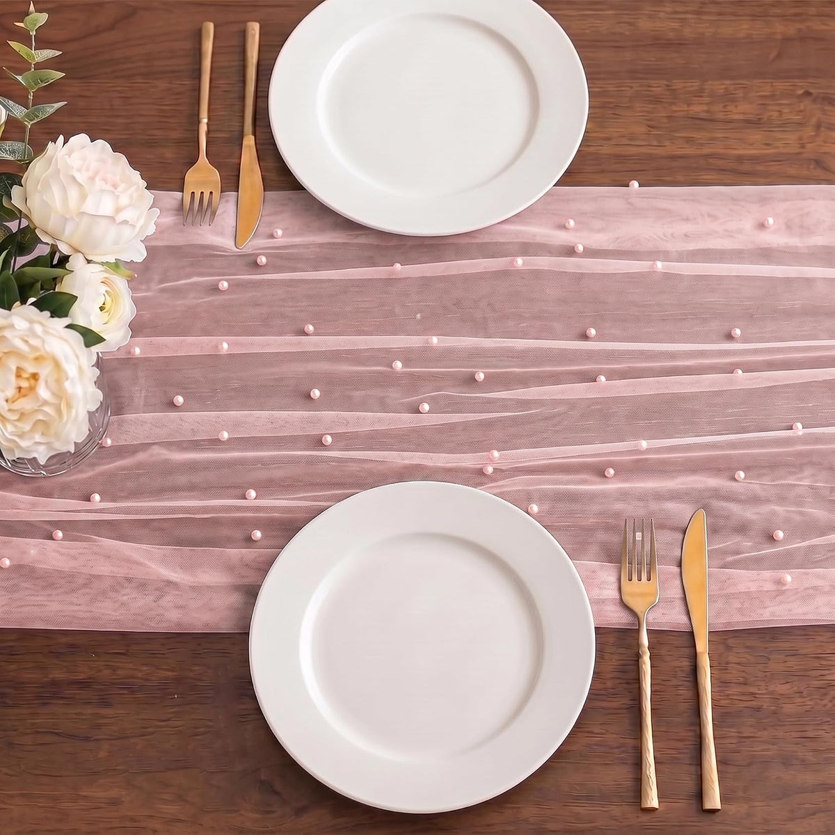 Pearl Table Runner Tulle 30x120 Inch 10FT Long, Pink Gauze Table Runners, Rustic Boho for Wedding Arch Birthday Party Bridal Veil Baby Shower Decorations
